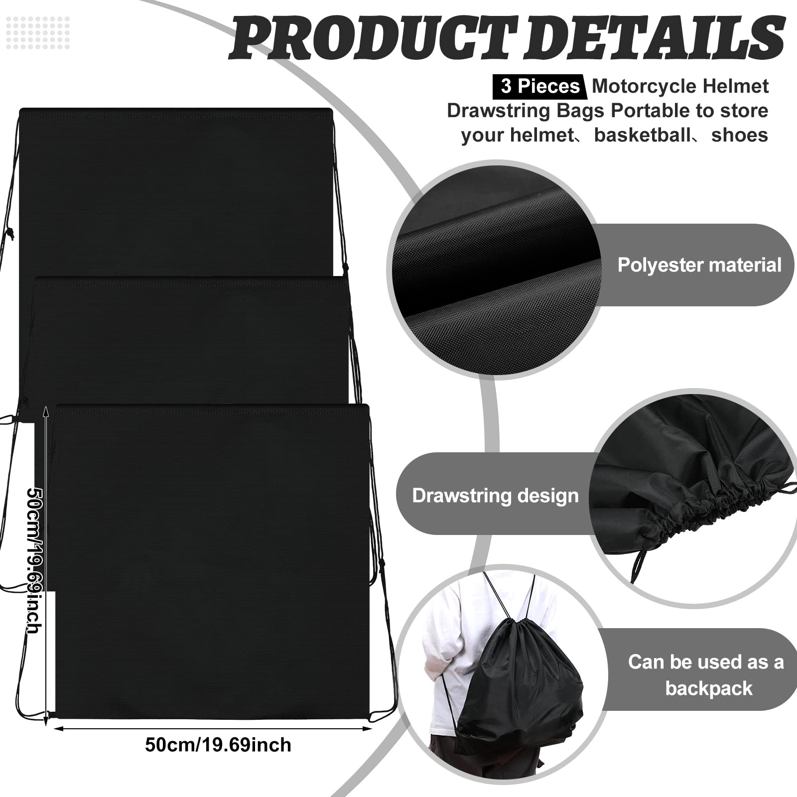 Sweetude 3 Pcs Lightweight Motorcycle Helmet Bag Drawstring Helmet Backpack Compact Storage Sports Gym Sack Pack For Riding Bicy